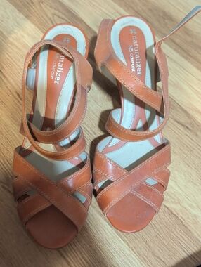 Naturalizer Women's Orange Strappy Leather Sandals with Ankle Wrap